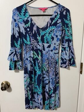 Lilly Pulitzer Blue Green Coral Reef Print Dress XXS Bell Sleeve